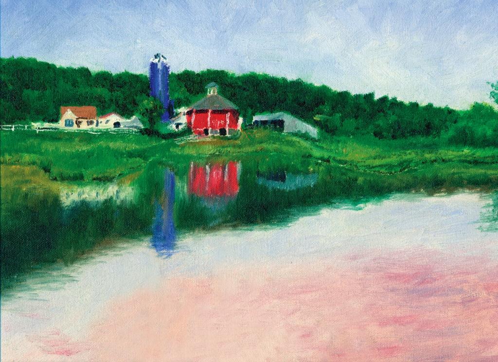An oil sketch by the author of a round barn and its reflection on the old millpond at La Valle’s southern edge.