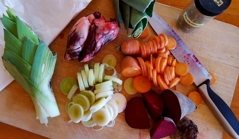 Lamb heart and root vegetables for lunch.