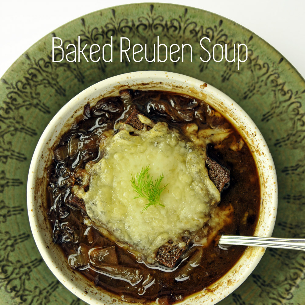Crusty cheese topped baked Reuben soup. Click photo for recipe.