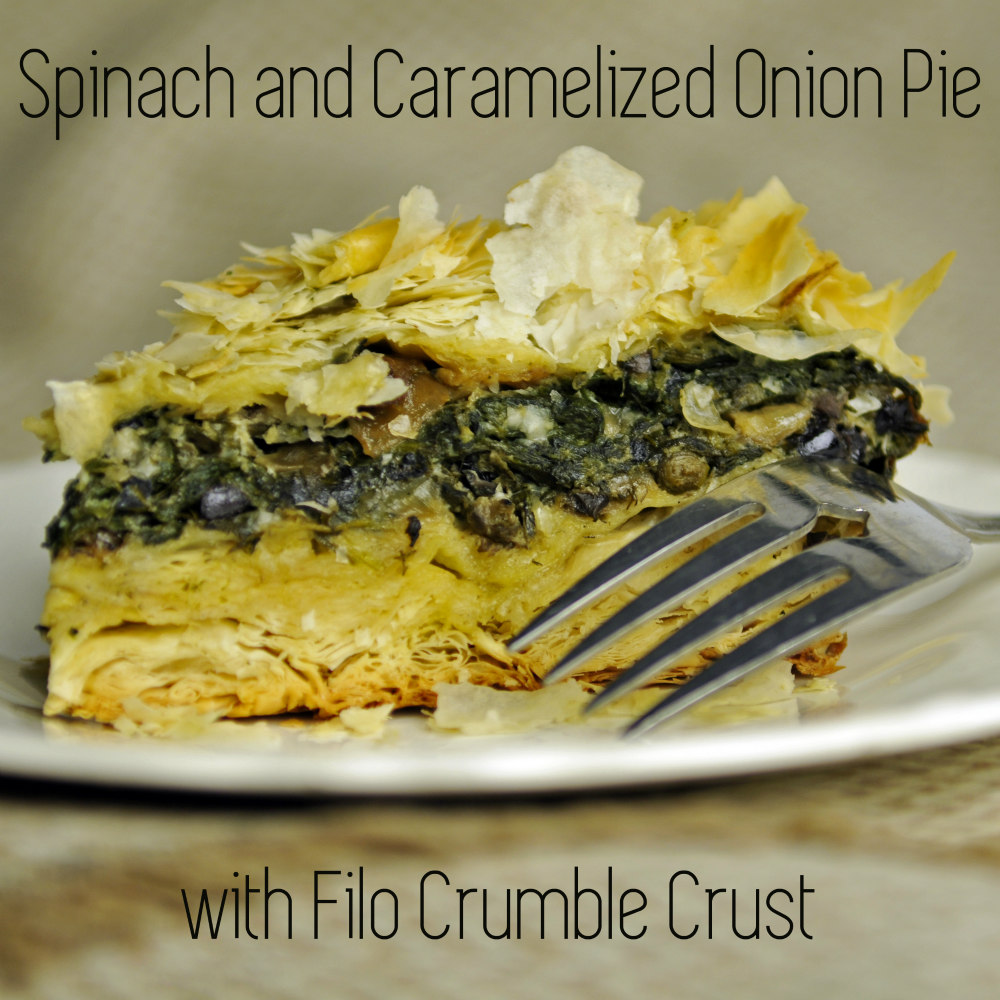 Spinach and caramelized onion pie with filo crumble crust. Click photo for recipe.