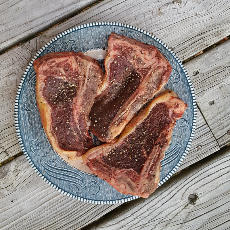 T-bone steaks from our pastured steers.