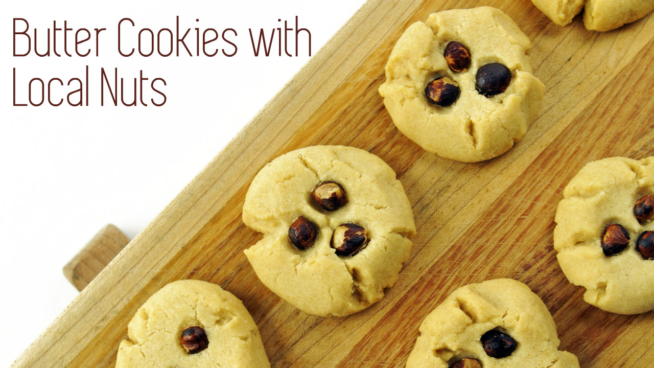 Butter cookies with local nuts on a cutting board. Click for recipe.