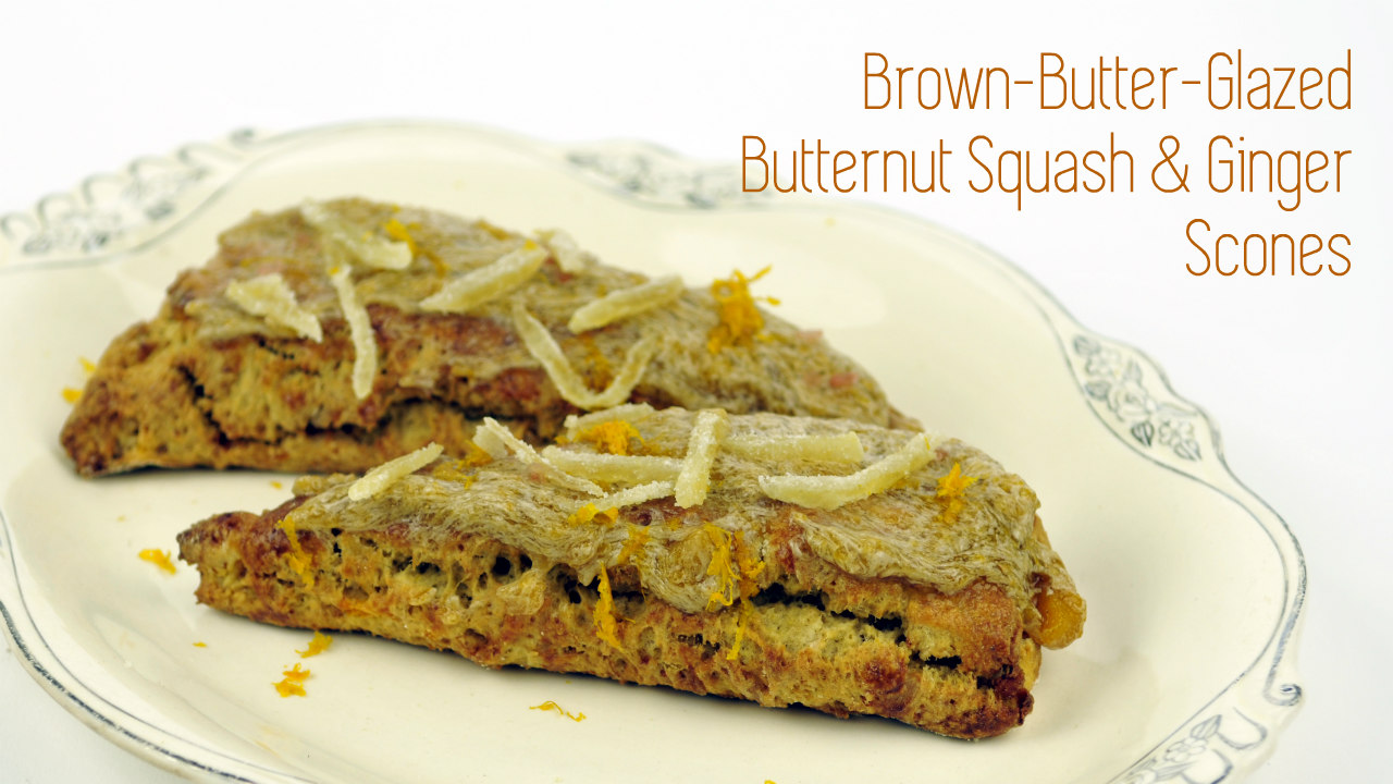 Brown butter glazed butternut squash and ginger scones. Click for recipe.