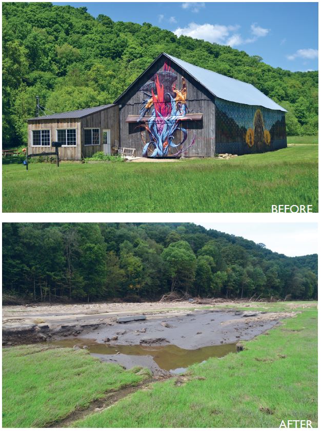 Before the flood, the Gretebecks had an old tobacco barn painted with beautiful murals on this part of their farm. After the flood, nothing was left.