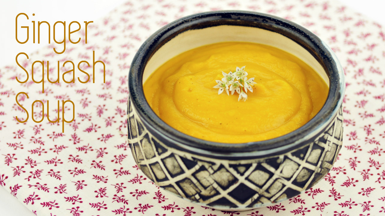 Ginger squash soup with a flower garnish. Click for recipe.