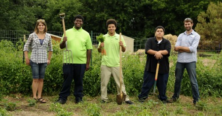From left to right: Jennica Skoug of Community GroundWorks; Grow Academy teens Larry, Branden and Carlos; and Joe Muellenberg of Community GroundWorks.