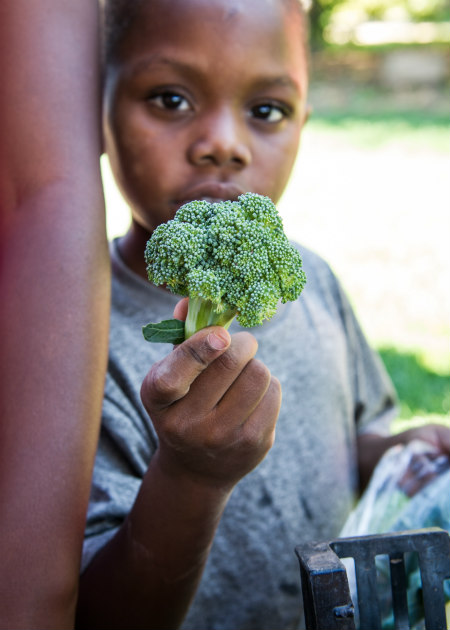 A boy holds up a perfect head of broccoli. Photo by Nick Bernard Photography