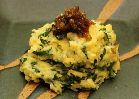 Polenta with Greens, Caramelized Onions and Asiago. Click photo for recipe.