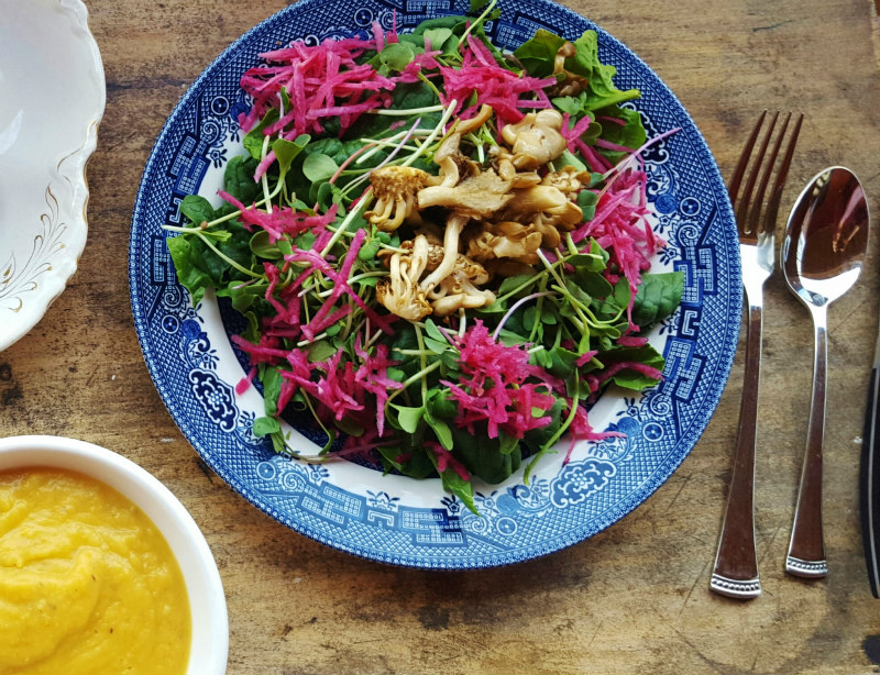 Winter Spinach & Microgreen Salad with Oyster Mushrooms & Tamari Vinaigrette
