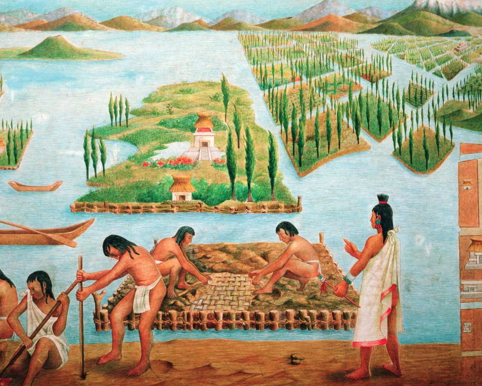 The floating gardens of the Aztecs, or chinampas, were the earliest-known form of aquaponics and helped build one of the wealthiest civilizations in history. (*See painting credit at end)