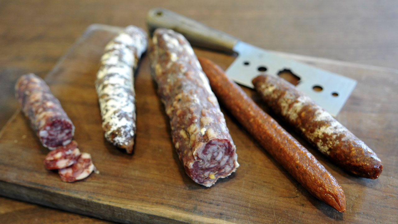 (L to R) Wisconsin Old Fashioned, Black Garlic, Aahle Worscht, Ghost Whip, Spanish Chorizo -- all by Underground Meats.