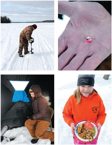 Clockwise from top left: Guide Mike Best augers through 2-3 feet of ice and snow; a teardrop jig head; “Chef” Paige shows off her shore lunch; Jessica intently waits for a bite