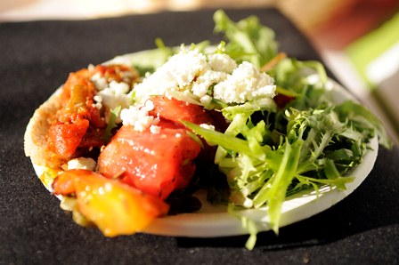 BUNKY’S CAFÉ – Grilled watermelon and heirloom tomato with mint lemon dressing, takatuka and feta