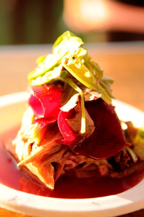 DRIFTLESS CAFÉ - Seared semolina gnocchi with braised St. Brigid’s Meadows/Underground Meats pork, arugula, WiscoPop! Cherry Bomb gastrique, pickled carrots and chiles