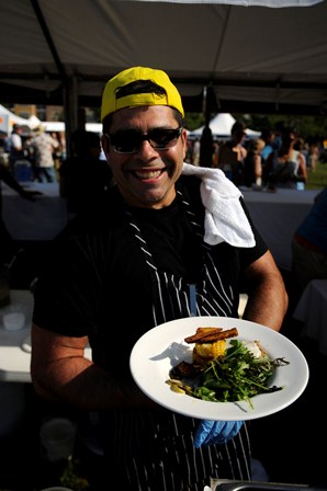 GOTHAM BAGELS – Chicken confit, grilled shiitake mushrooms, surface-ripened cheese, petite lettuces and polenta crisps