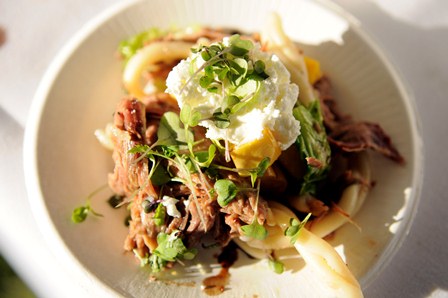 L’ETOILE – Braised lamb with sage strozzapreti pasta, sheep's milk cheese, Brussels sprouts, and delicata squash