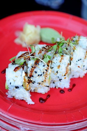 RED SUSHI - Wisconsin Lakes Roll of white fish tempura, avocado, micro greens and eel sauce