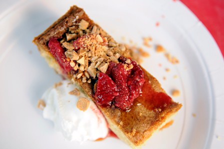 RED - Vanilla Cream Apple Torte with toasted almonds, cream, maple syrup and berry compote