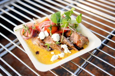 SARDINE - Grilled garlic pork sausage, fresh sweet corn polenta, heirloom tomato, basil and torpedo onion salsa and petit nuage cheese